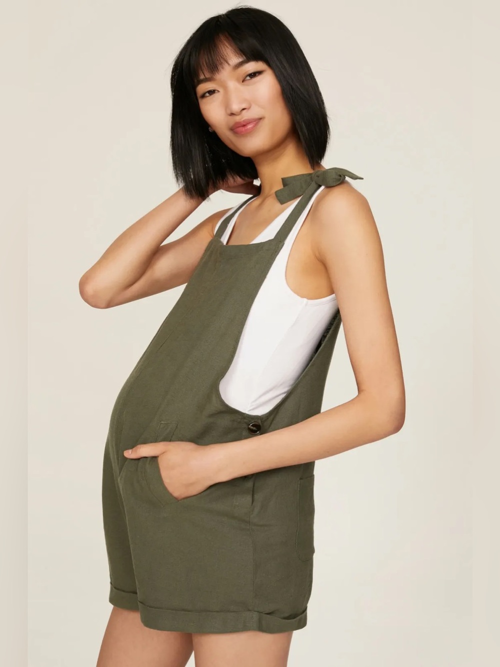 NWOT Seraphine Maternity Linen Blend Olive Tie-Shoulder Short Overall Romper, 4
